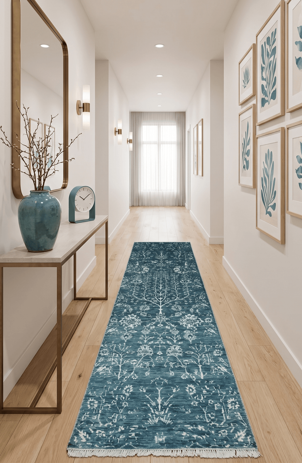 2.6x10 Fine Hand Knotted White and Blue Traditional Persian Style Antique Wool Rug - The Rug Decor