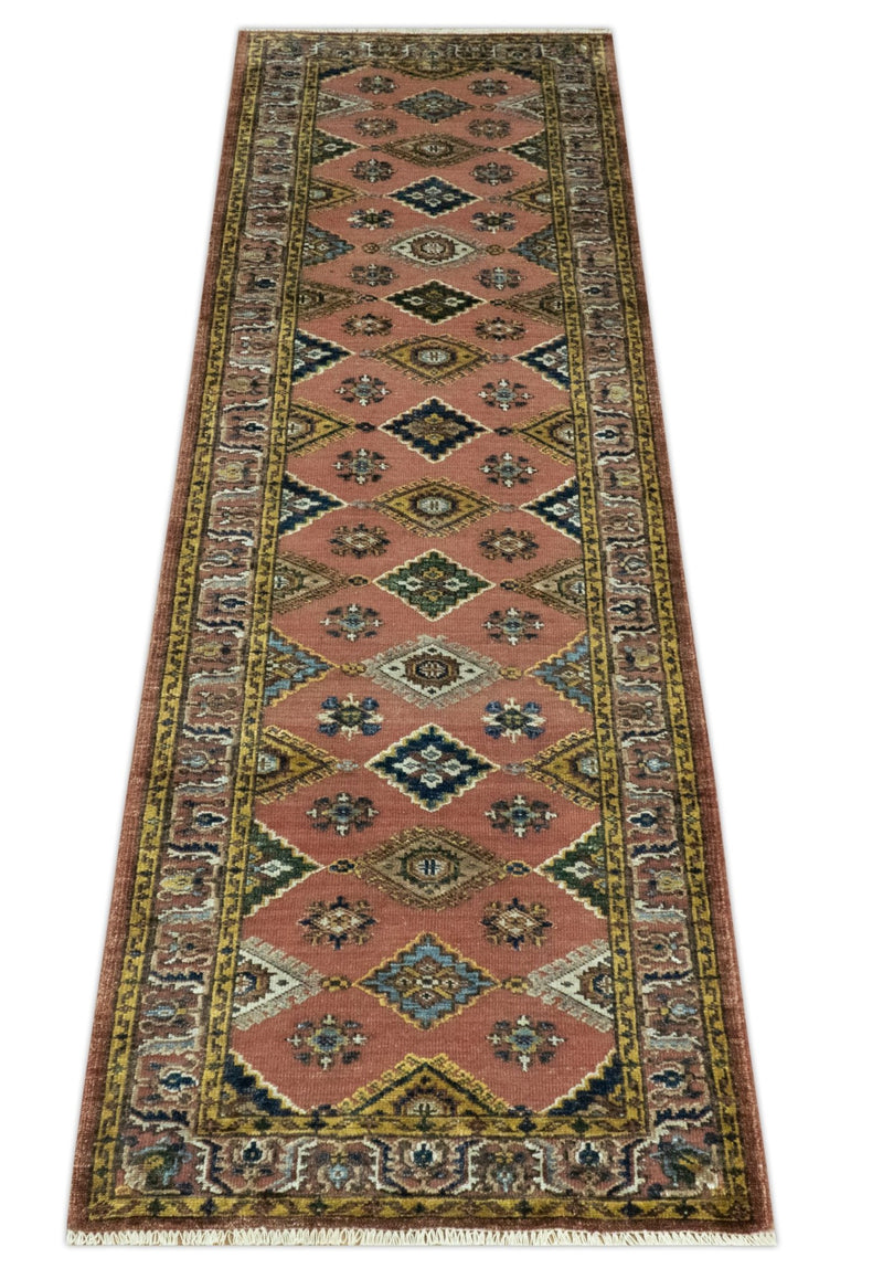 2.6x10 Hand knotted Peach and Mustard Traditional Mamluk Design wool area rug - The Rug Decor