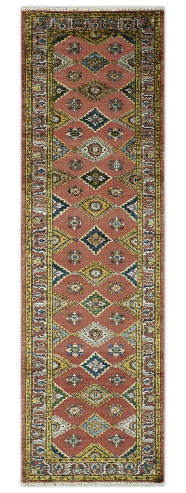 2.6x10 Hand knotted Peach and Mustard Traditional Mamluk Design wool area rug - The Rug Decor