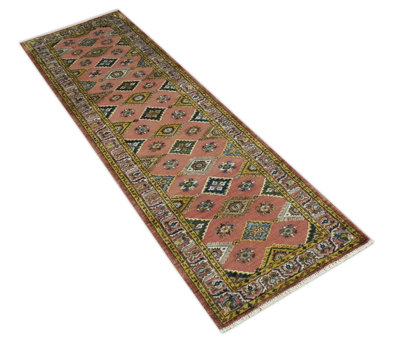 2.6x10 Hand knotted Peach and Mustard Traditional Mamluk Design wool area rug - The Rug Decor