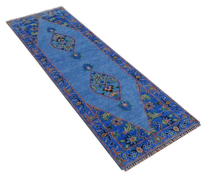 2.6x8 Hand Knotted Traditional Blue And Rust Wool Rug - The Rug Decor