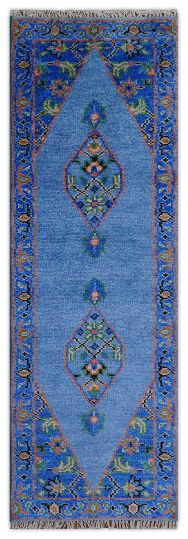 2.6x8 Hand Knotted Traditional Blue And Rust Wool Rug - The Rug Decor