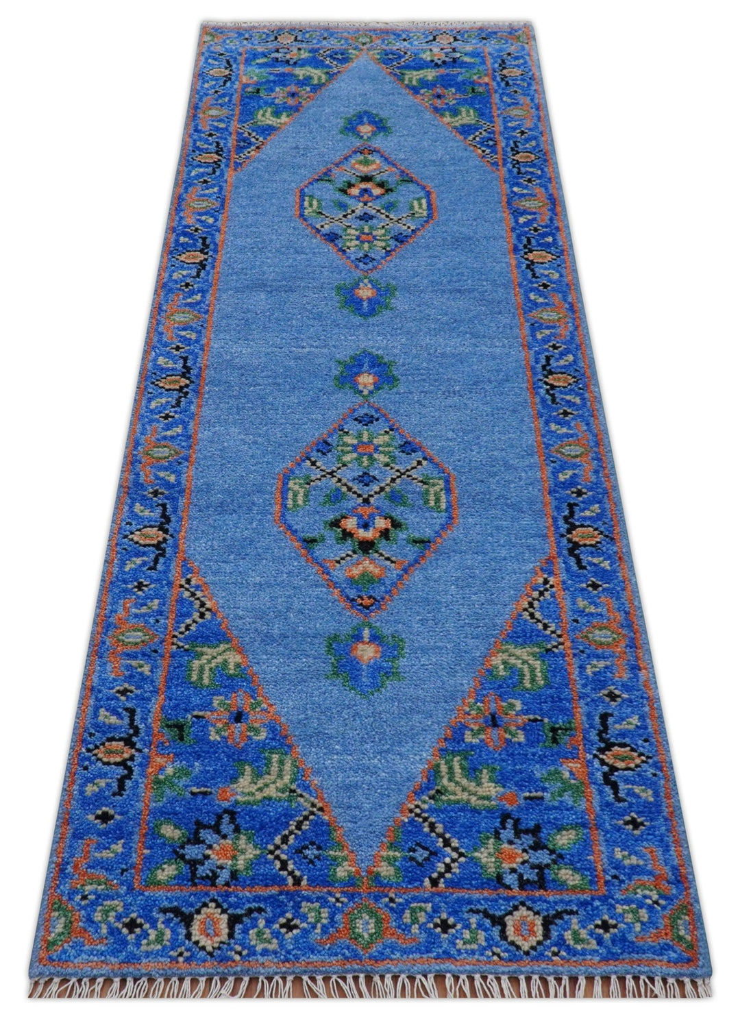 2.6x8 Hand Knotted Traditional Blue And Rust Wool Rug - The Rug Decor