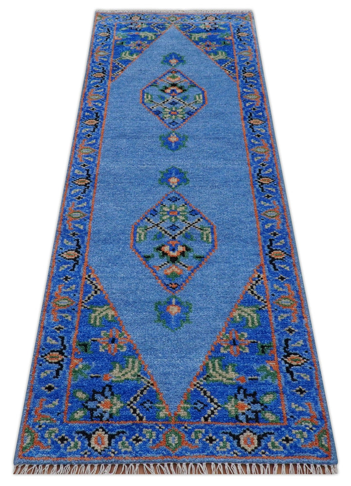 2.6x8 Hand Knotted Traditional Blue And Rust Wool Rug - The Rug Decor