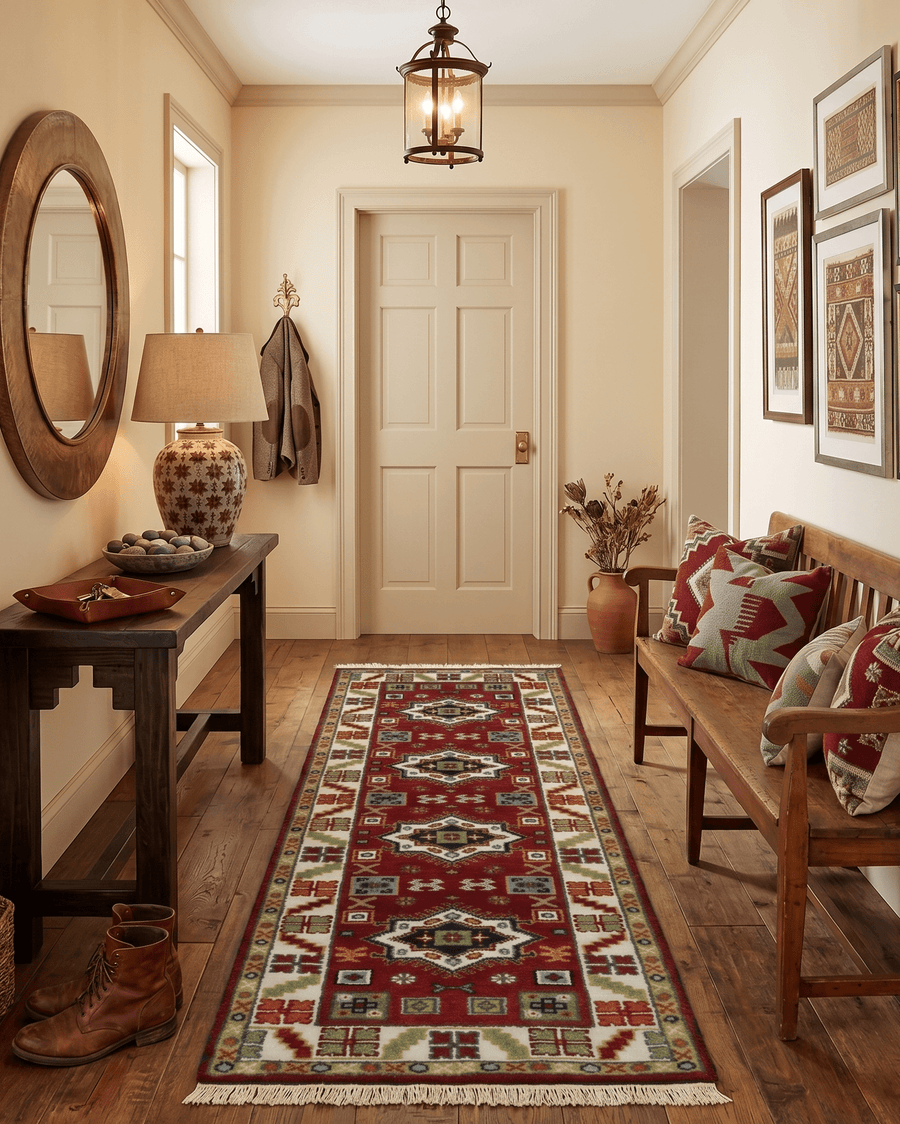 2.6x8 Hand Knotted Traditional Kazak Red And Ivory Wool Rug - The Rug Decor