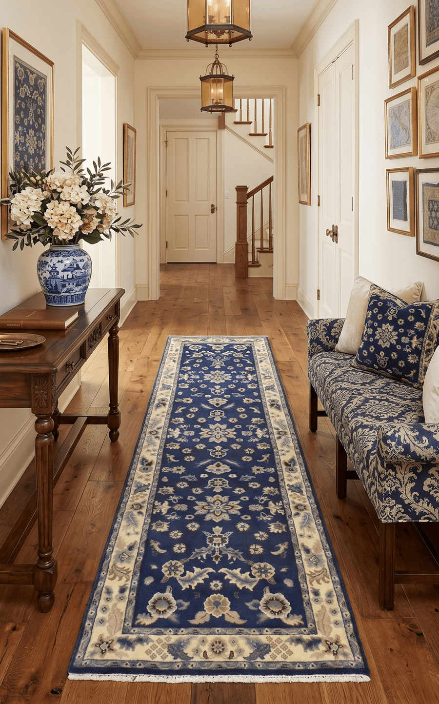 2.6x8 Traditional Blue and Beige Hand Knotted Wool Area Rug - The Rug Decor