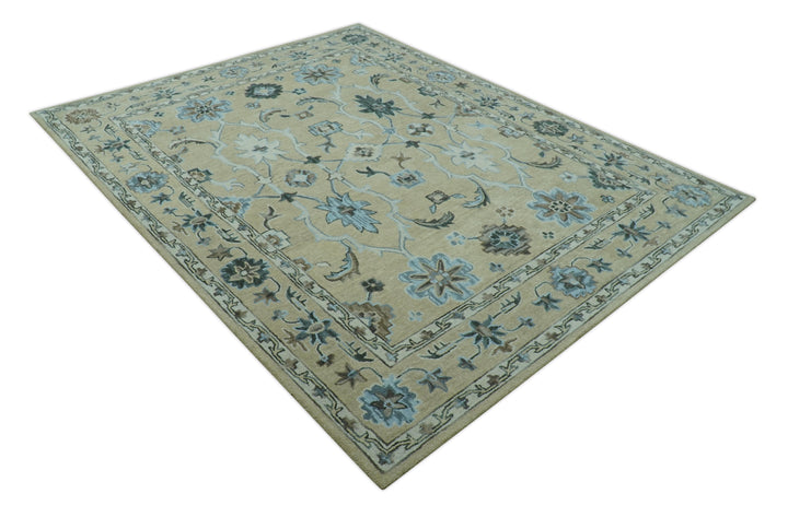 Custom Made Beige, Ivory and Blue Hand Tufted Floral Oriental Oushak wool area rug