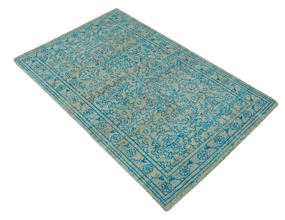 Antique Design 5x8 Blue and Beige Traditional Hand knotted wool rug