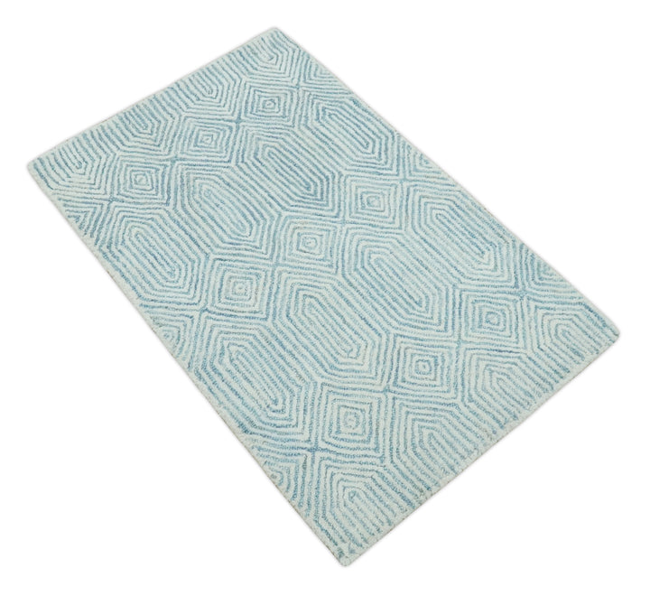 Ready to Ship Teal And Ivory Modern Contemporary Hand Tufted 2x3 Wool Rug