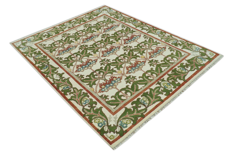 Hand Knotted Ivory and Green Floral Traditional Antique Style Wool Area Rug