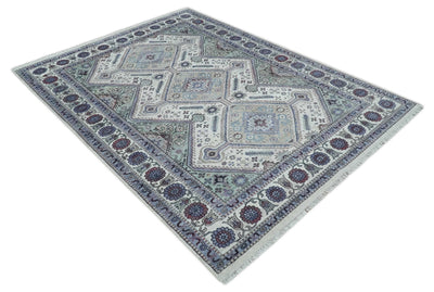 9x12 Hand Knotted Antique Ivory, Silver and Blue Traditional Wool Rug