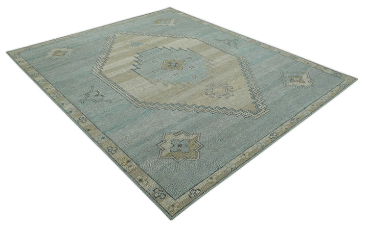 Traditional Medallion Design Blue and Beige Hand Knotted Wool Rug Custom Made
