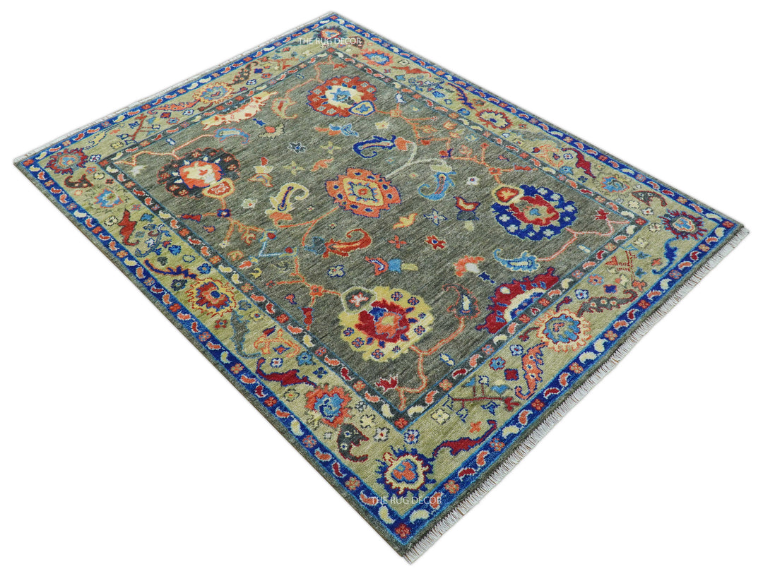 Ready to Ship 7x9 Feet Oushak Olive And Rust Hand Knotted Wool Rug