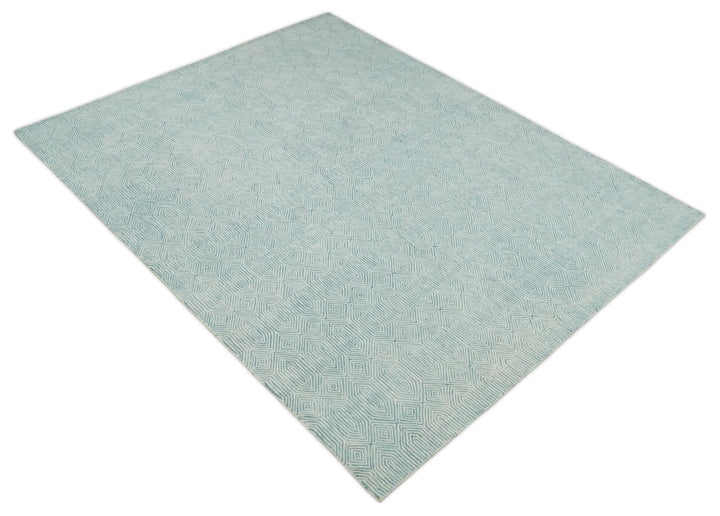 Ready to Ship Teal And Ivory Modern Contemporary Hand Tufted 8x10 Wool Rug