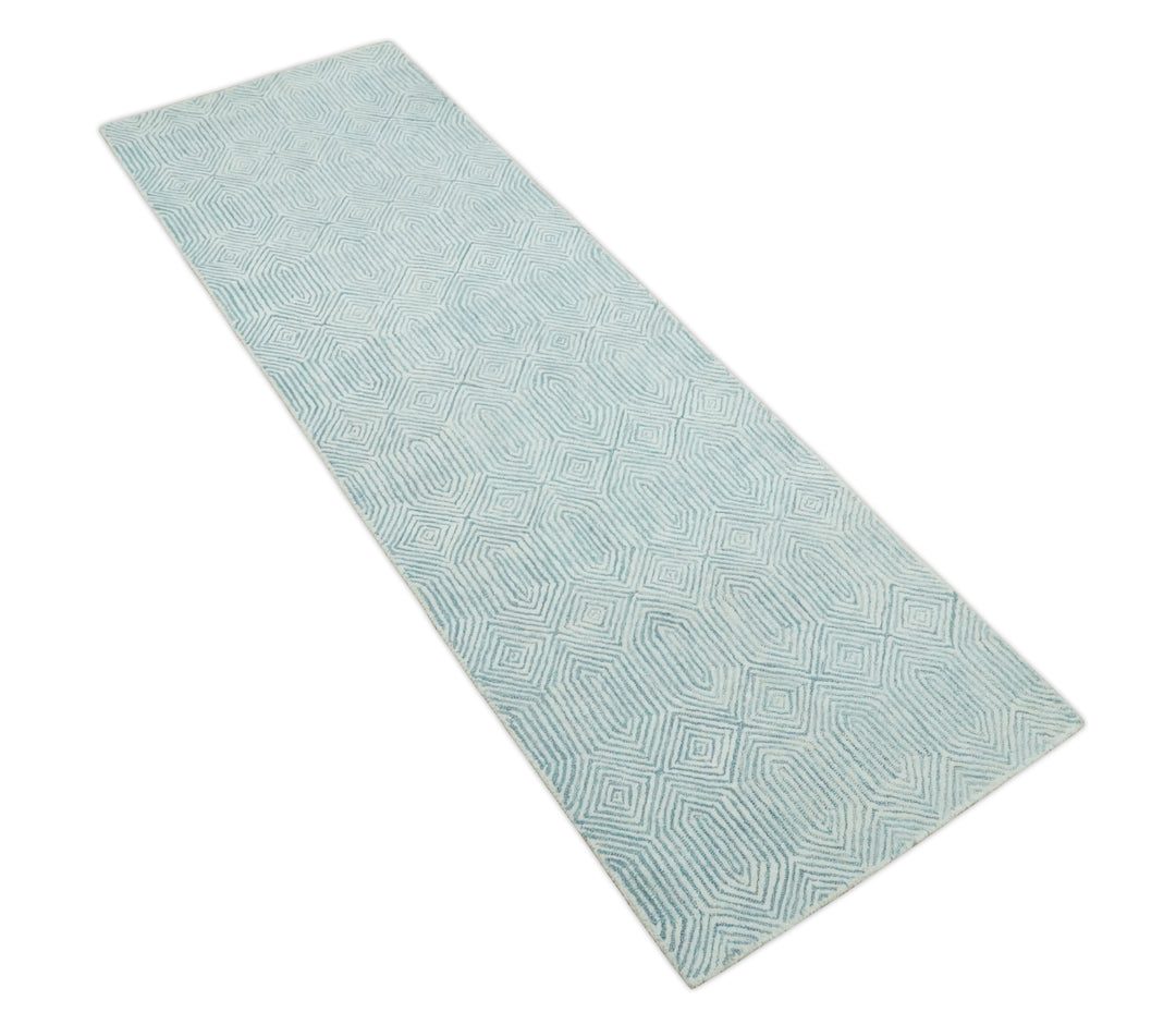 Ready to Ship Teal And Ivory Modern Contemporary Hand Tufted 2.6x8 Wool Rug