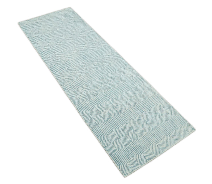 Ready to Ship Teal And Ivory Modern Contemporary Hand Tufted 2.6x8 Wool Rug