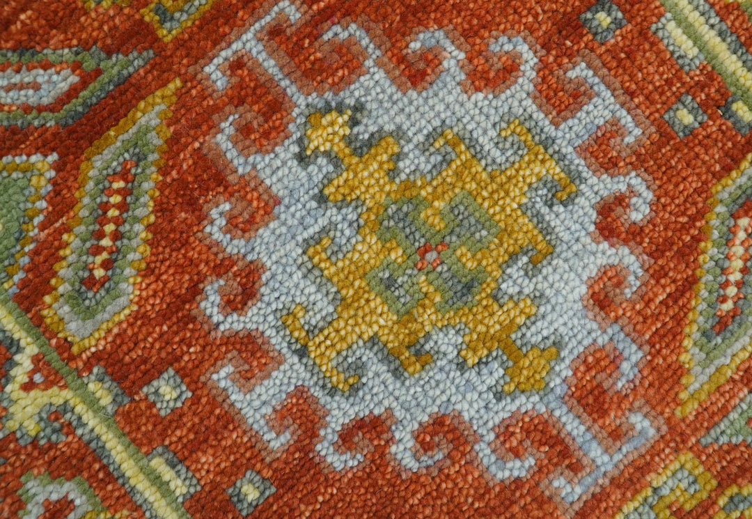 Custom Made Traditional Rust And Green Hand Knotted Runner Wool Rug