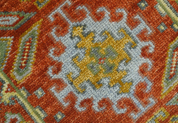 Custom Made Traditional Rust And Green Hand Knotted Runner Wool Rug