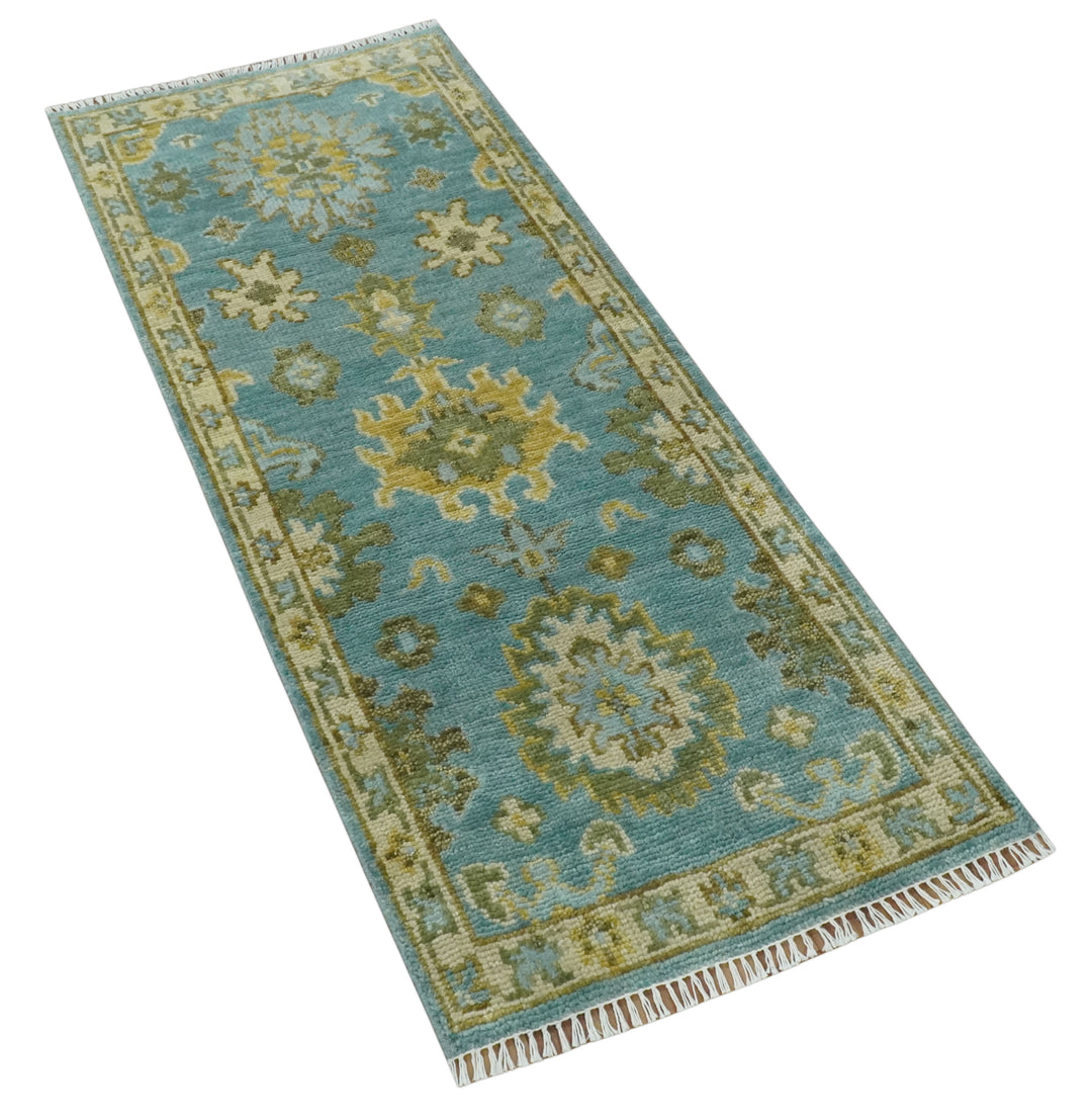 Custom Made Hand Knotted Green And Blue Oushak Runner Wool Rug