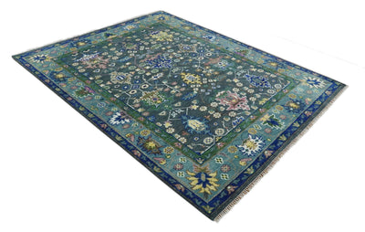 Ready to Ship Hand Knotted Green Moss and Blue Traditional Turkish Design Wool Rug