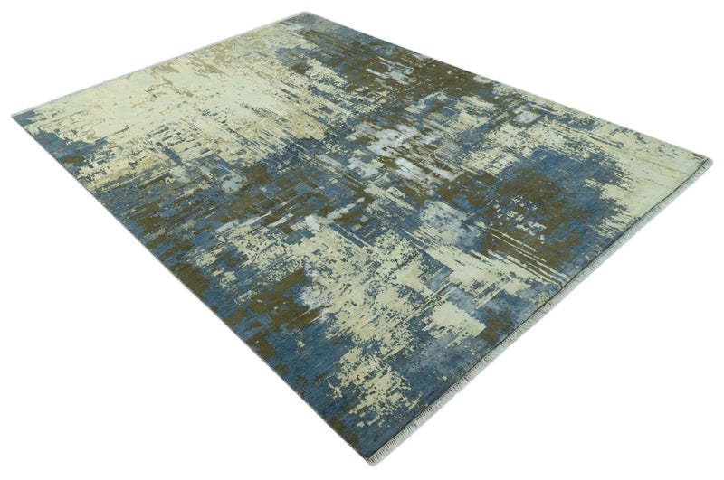 Modern Abstract Design Beige And Blue 9x12 Hand Knotted Wool Area Rug