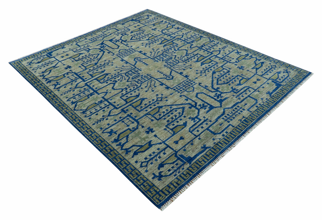 Blue And Beige Modern Design Hand Knotted Custom Made Wool Area Rug