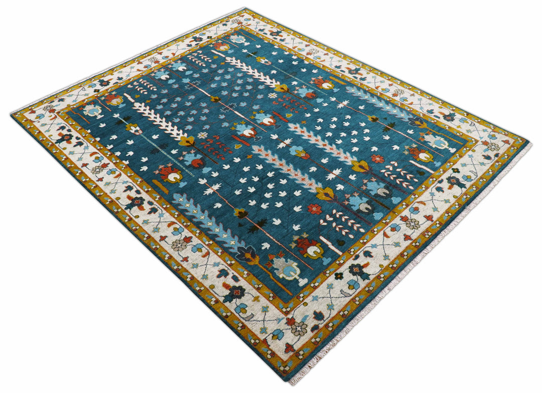 Fine Teal And Ivory Traditional Tree of life Hand Knotted Wool Rug
