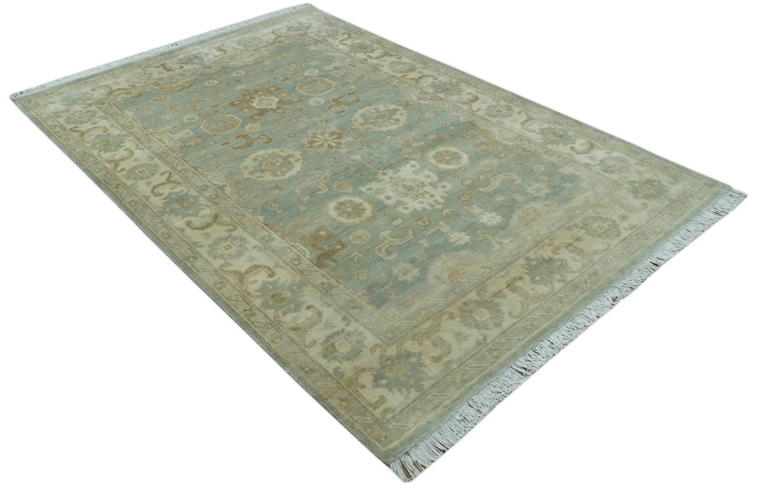 Beige And Blue Traditional Oushak Design  6x9 Hand Knotted Wool Area Rug