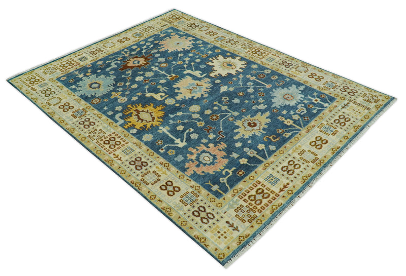 Hand knotted Blue and Beige 8x10 Traditional Oushak wool area rug