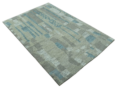 5x8 Olive, Teal and Brown Modern abstract Hand knotted wool Area Rug