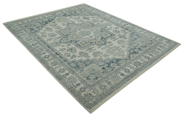 Gray And Beige Turkish Design Hand Knotted Custom Made Wool And Linen Rug