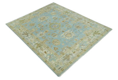 Light Blue, Beige and Ivory Hand knotted 8x10 Traditional Oriental Oushak wool rug