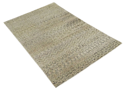 6x9 Hand Knotted Ivory, Camel and Charcoal Modern Contemporary Southwestern Tribal Trellis Recycled wool Area Rug