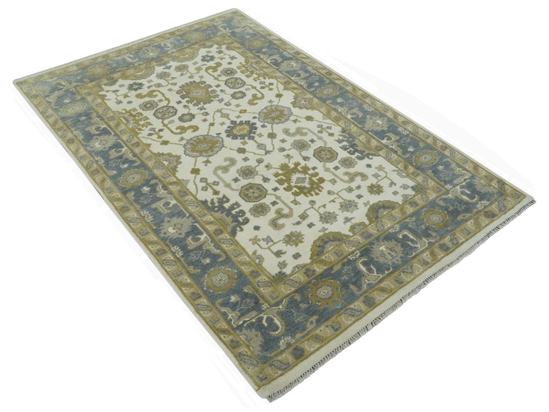 6x9 Traditional Hand Knotted Ivory, Charcoal and Olive Oriental Oushak wool rug