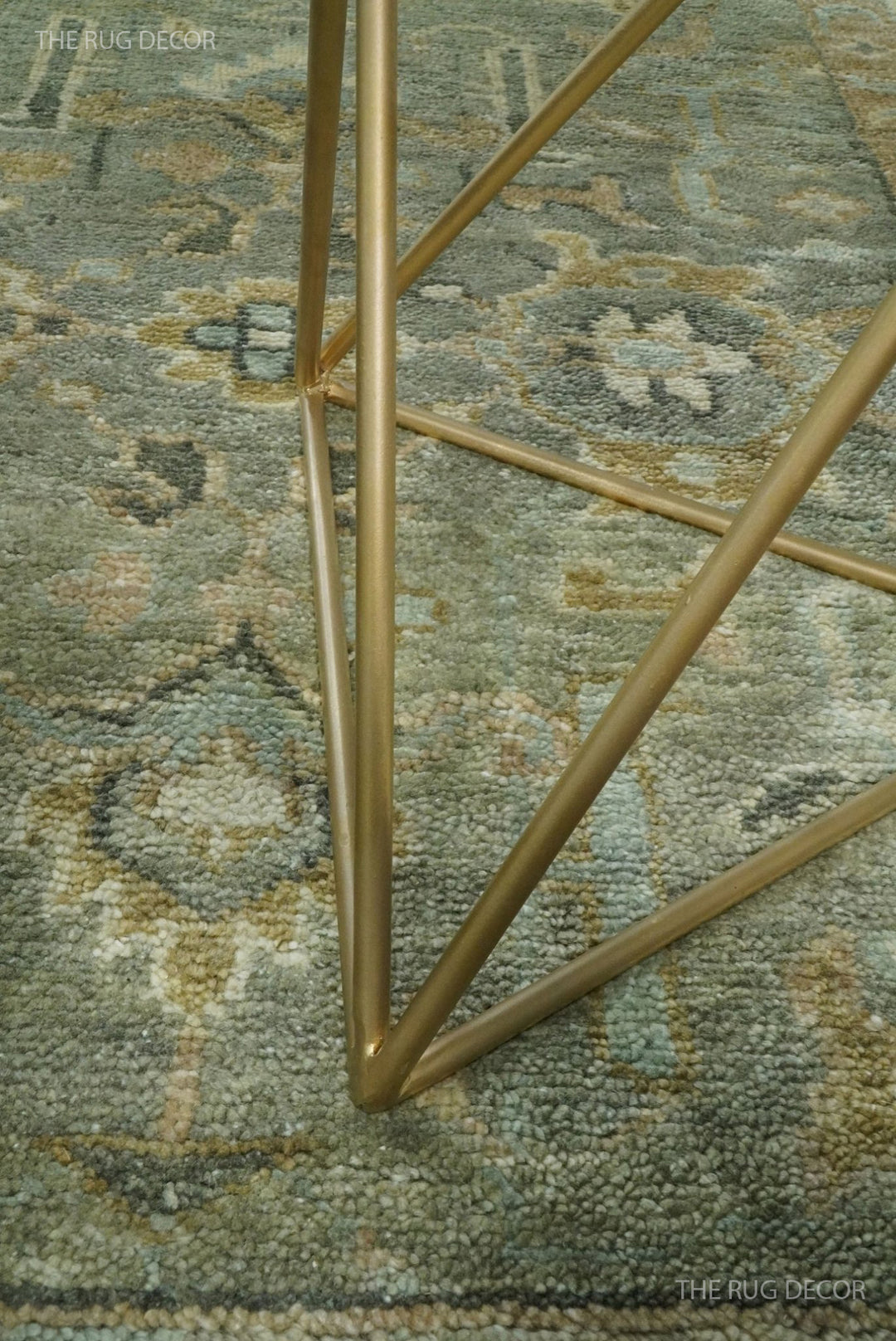 Gray and beige vintage Turkish-style rug with distressed texture, close-up of pile and trim