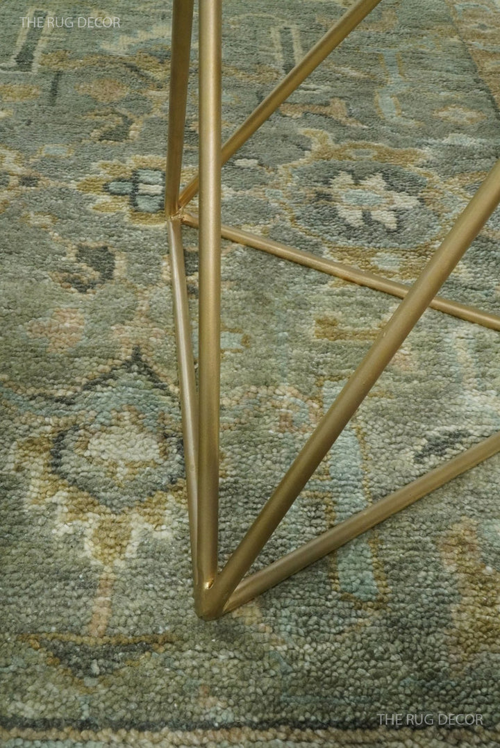 Gray and beige vintage Turkish-style rug with distressed texture, close-up of pile and trim