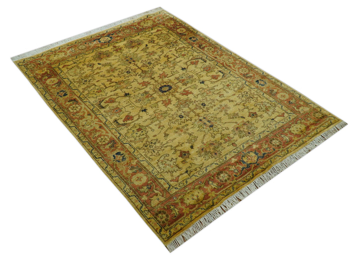 Heriz Traditional Design Gold And Rust 5x6.7 Hand Knotted Wool Area Rug