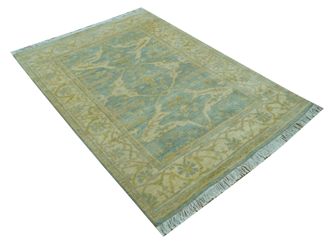 Traditional Oushak Design Blue And Beige 4x6 Hand Knotted Wool Area Rug