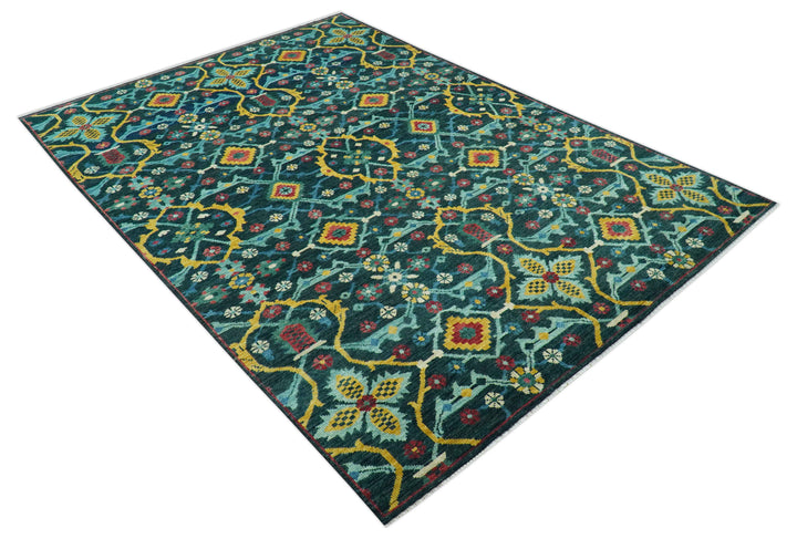 Custom Made Teal And Mustard Traditional Floral Motifs Hand Knotted Wool Rug