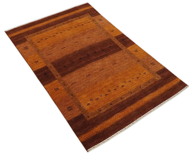 Custom Made geometrical Stripes Design Rust and Brown Hand loom wool Area Rug