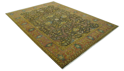 Antique Style Fine Hand Knotted 8.4x11.8 Olive, Rust an Mustard Traditional wool area rug