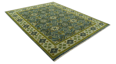 Blue and Olive Traditional motifs design Custom Made wool area rug