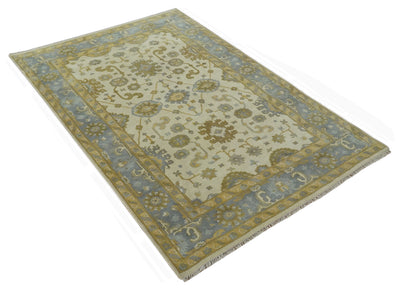 6x9 Hand Knotted Ivory, Gray and Mustard Traditional Oriental Oushak wool rug