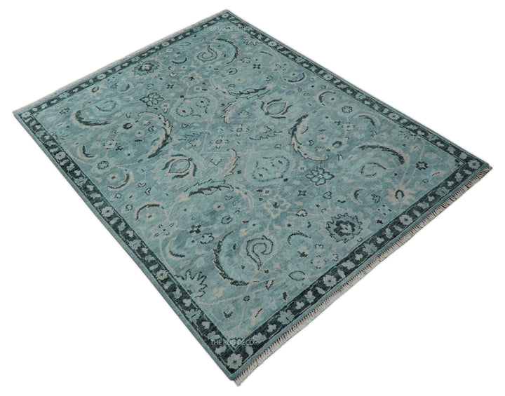 Custom Made Oushak Blue And Beige Hand Knotted Wool Rug