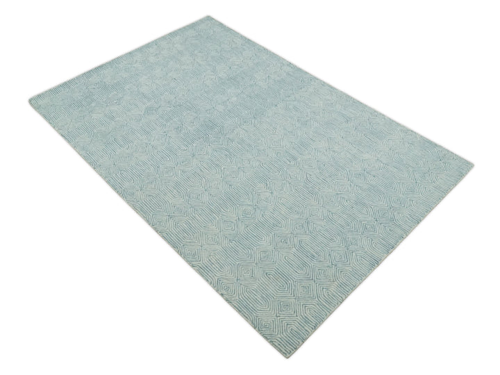 Ready to Ship Teal And Ivory Modern Contemporary Hand Tufted 6x9 Wool Rug
