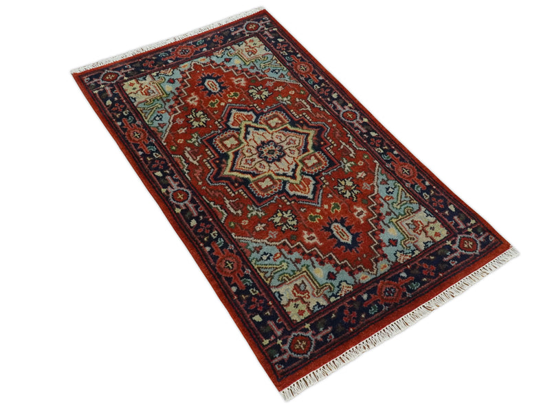 Hand knotted Brown, Aqua and Blue Traditional Heriz Serapi wool area rug