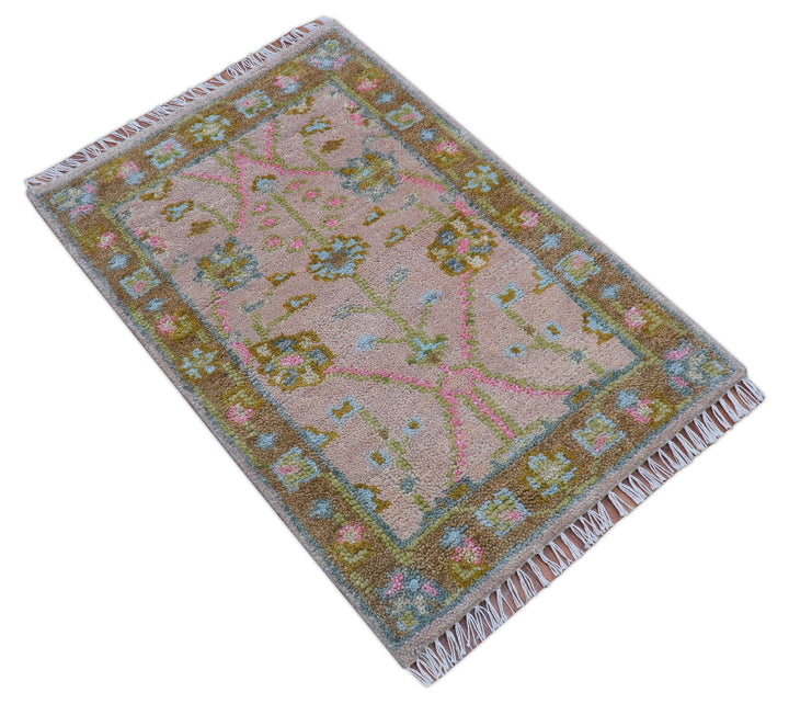 Traditional Peach And Brown Hand Knotted 2x3 Wool Rug