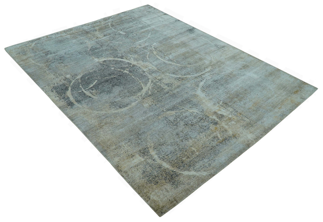 Blue And Beige Modern Abstract Design Hand Knotted 8x10 Bamboo Silk Area Rug