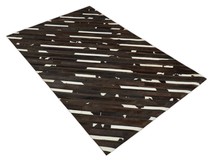 Quick Ship 5x8 Modern Stripe Brown And Ivory Handmade Leather Rug