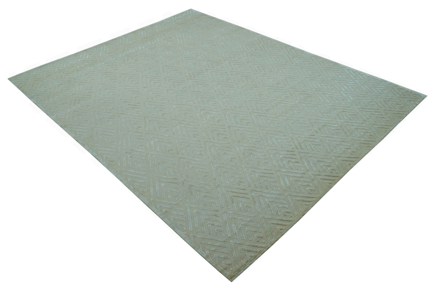 Modern Geometric Pattern Ivory And Beige Hand Knotted 9x12 Area Rug